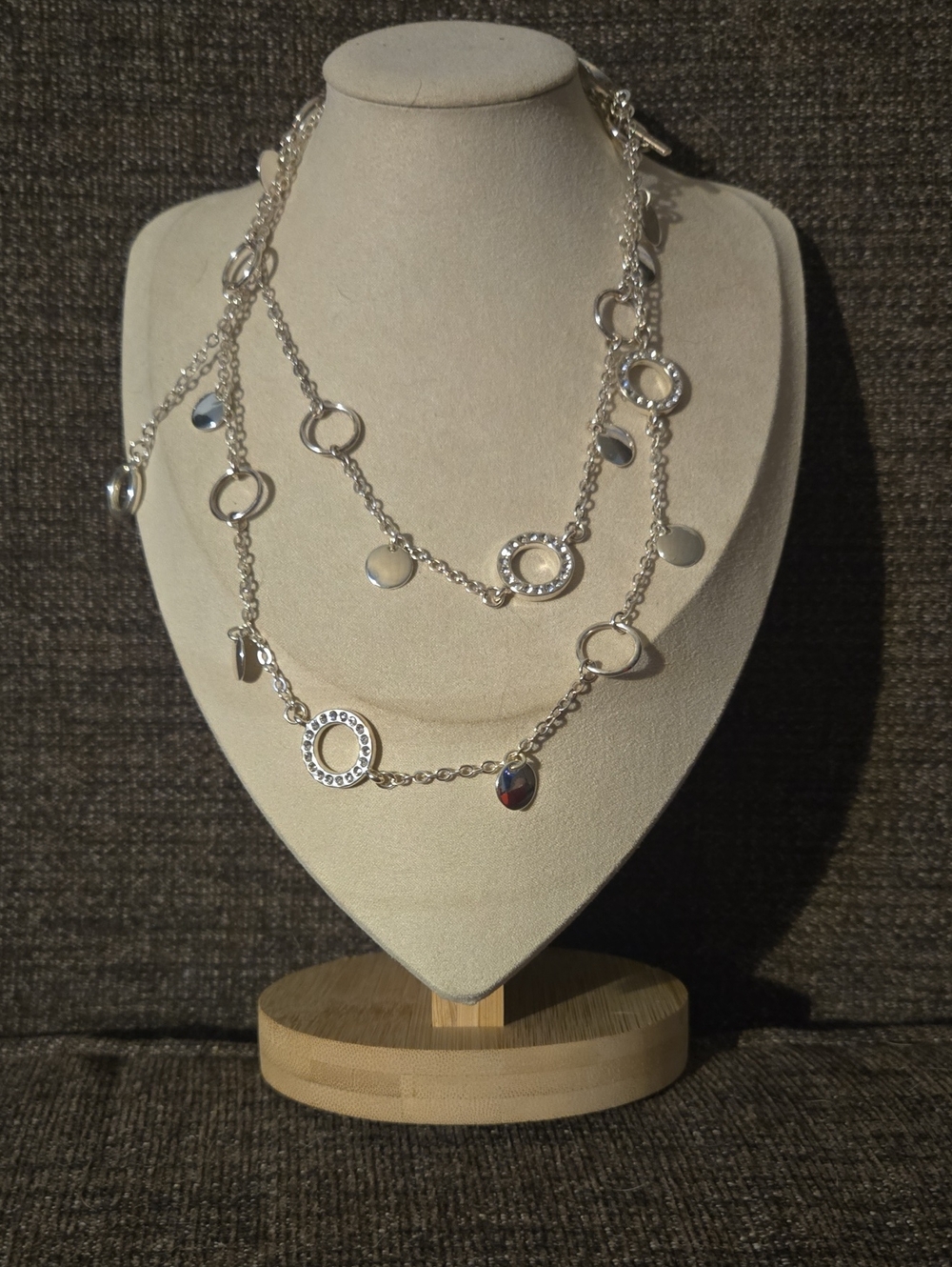 Daisy Fuentes Silver Tone Multi-Chain Circle Pendant Necklace W Rhinestones